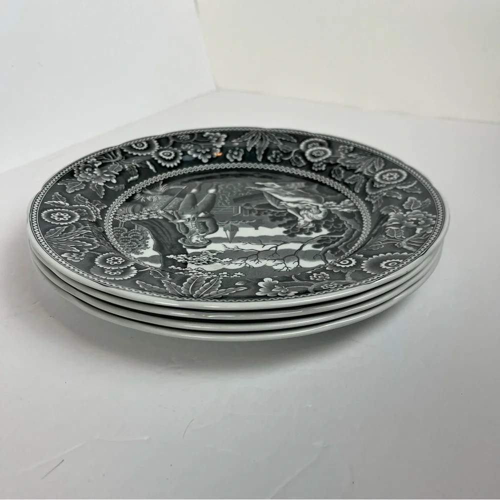 Spode Georgian Series Woodman 10” Dinner Plates Black S3480-W England Set of 4